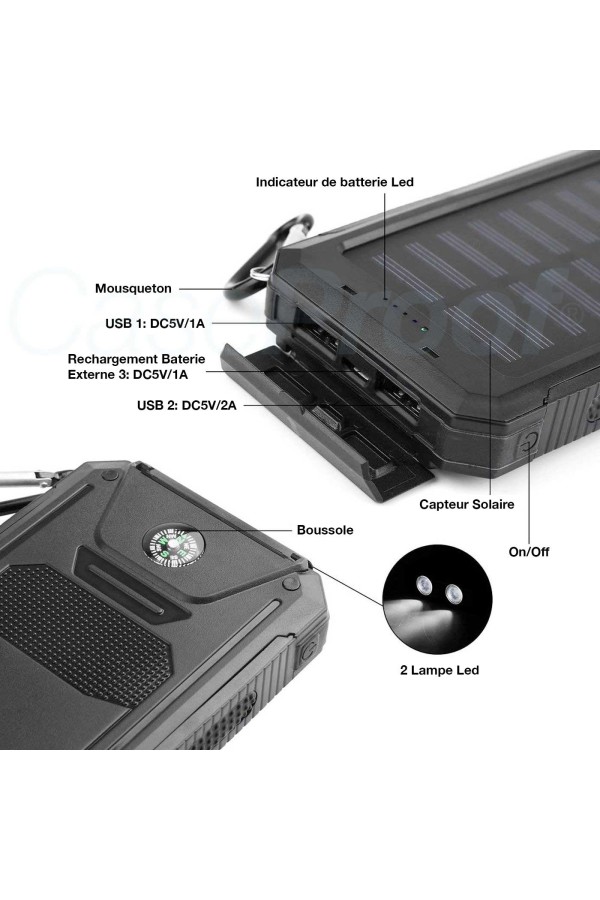 Batterie Solaire Externe 20 000 mAh - Etanche & Anti-Choc