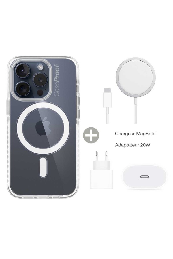 Coque Antichoc Magsafe pour iPhone 15 Pro   + Chargeur MagSafe + Adaptateur 20W