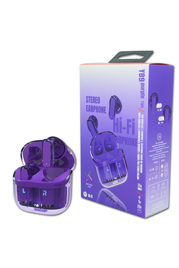 TWS Wireless Earphones avec Bluetooth 5.3 Couleur Violet Transparent